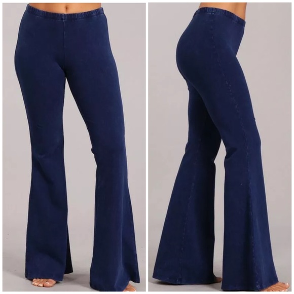 Galaxy Blue Boho Mineral Wash Flare Stretch Pants - Picture 1 of 6